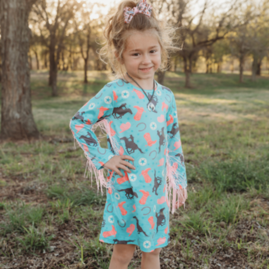 Turquoise Running Horse Dress With Fringe